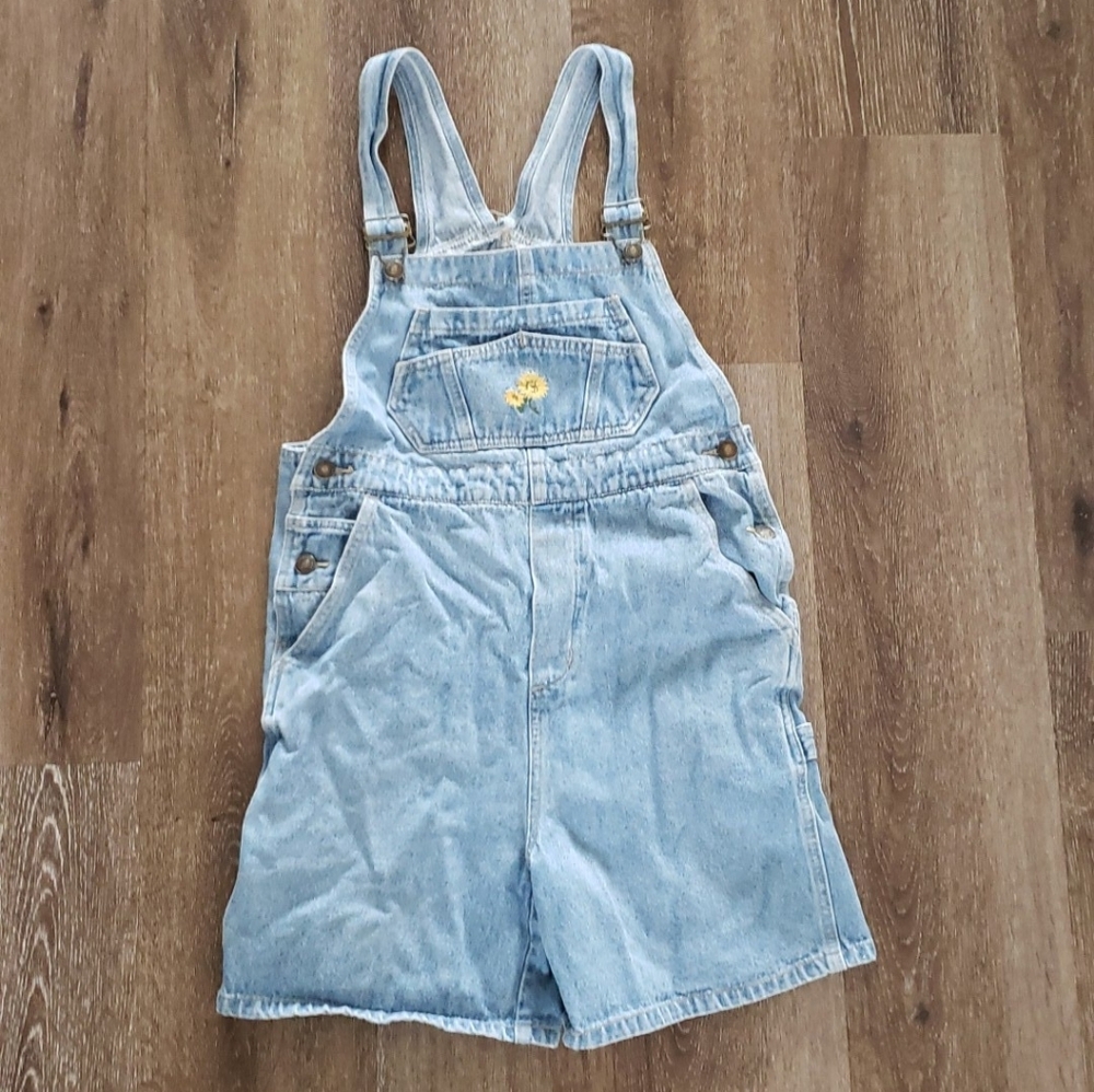 Vintage 90s Denim Jean Overall Short Alls Embroidered Sunflowers, Size Small
